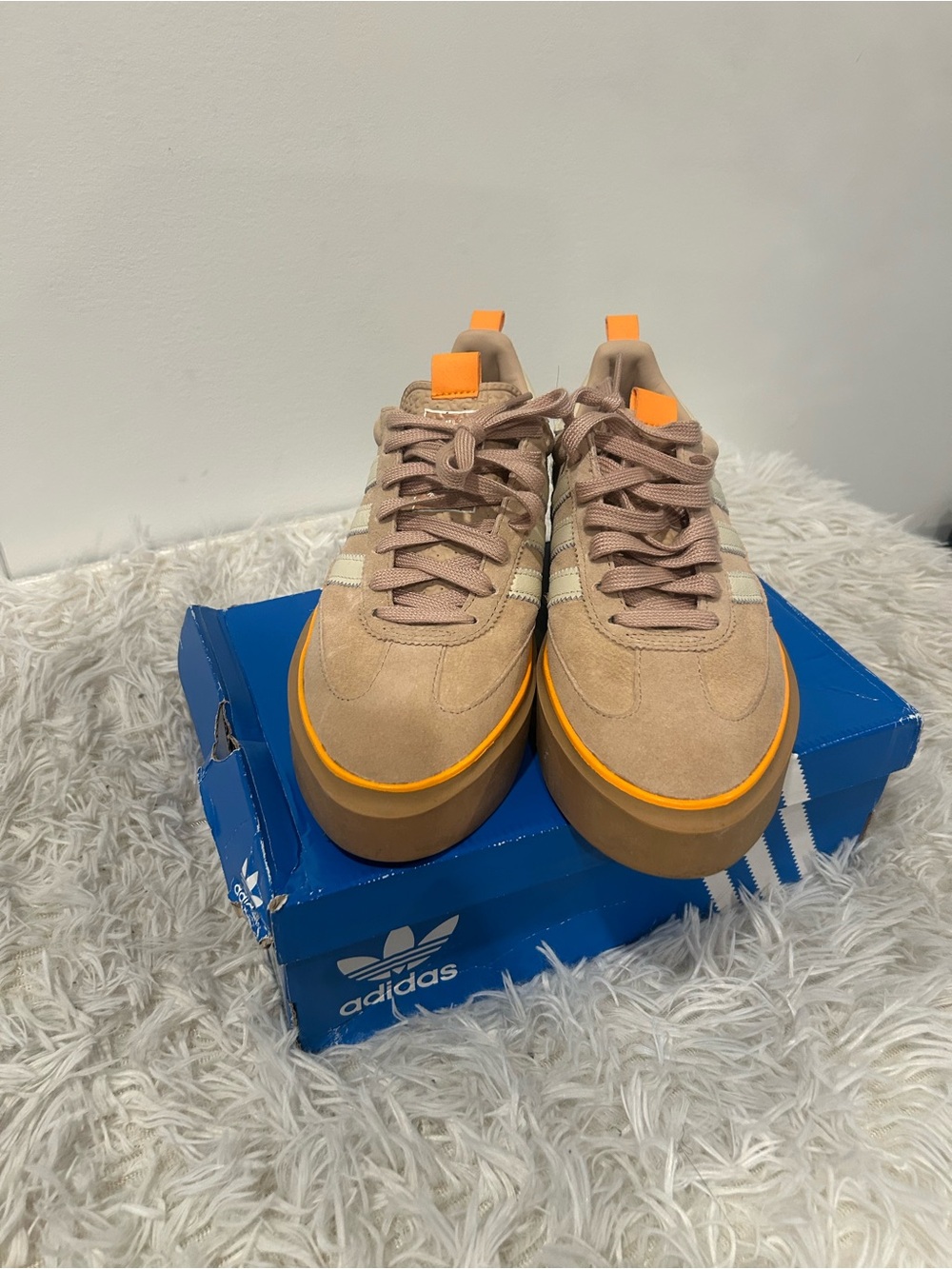 adidas Beige Suede Platform Sneakers with Orange Accents